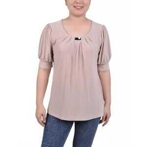 NEW NY COLLECTION short oxford blouse - plus in tan